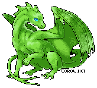 A larger image of a small green dragon resting on its haunches, with wings half-unfurled. It has a calm expression.