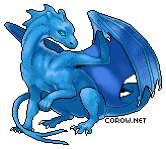 A larger image of a small blue dragon resting on its haunches, with wings half-unfurled. It has a calm expression.