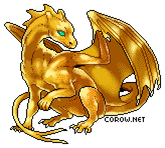 A larger image of a small gold dragon resting on its haunches, with wings half-unfurled. It has a calm expression.