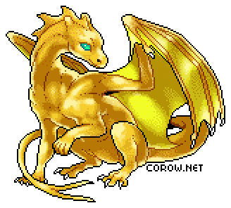 A larger image of a small gold dragon resting on its haunches, with wings half-unfurled. It has a calm expression.