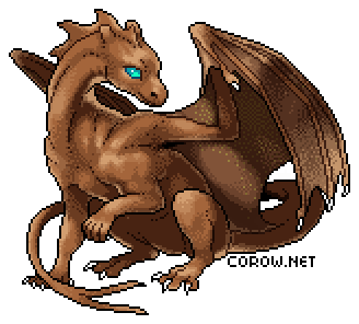 A larger image of a small brown dragon resting on its haunches, with wings half-unfurled. It has a calm expression.