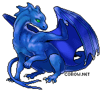 A larger image of a small blue dragon resting on its haunches, with wings half-unfurled. It has a calm expression.