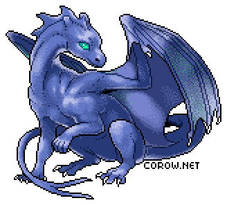 A larger image of a small blue dragon resting on its haunches, with wings half-unfurled. It has a calm expression.