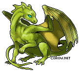 A small green dragon resting on its haunches, with wings half-unfurled. It has a calm expression.