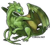 A small green dragon resting on its haunches, with wings half-unfurled. It has a calm expression.