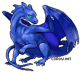 A small blue dragon resting on its haunches, with wings half-unfurled. It has a calm expression.