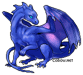 A small blue dragon resting on its haunches, with wings half-unfurled. It has a calm expression.