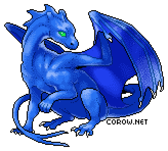 A larger image of a small blue dragon resting on its haunches, with wings half-unfurled. It has a calm expression.