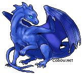 A small blue dragon resting on its haunches, with wings half-unfurled. It has a calm expression.