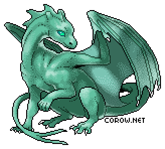 A larger image of a small green dragon resting on its haunches, with wings half-unfurled. It has a calm expression.