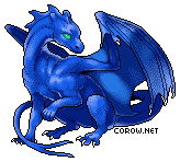 A small blue dragon resting on its haunches, with wings half-unfurled. It has a calm expression.
