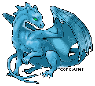 A larger image of a small blue dragon resting on its haunches, with wings half-unfurled. It has a calm expression.