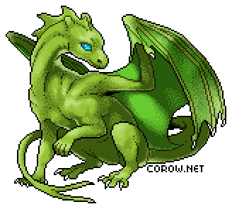 A larger image of a small green dragon resting on its haunches, with wings half-unfurled. It has a calm expression.