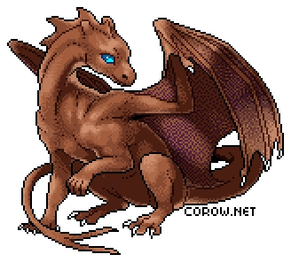 A larger image of a small brown dragon resting on its haunches, with wings half-unfurled. It has a calm expression.