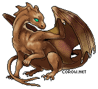 A larger image of a small brown dragon resting on its haunches, with wings half-unfurled. It has a calm expression.