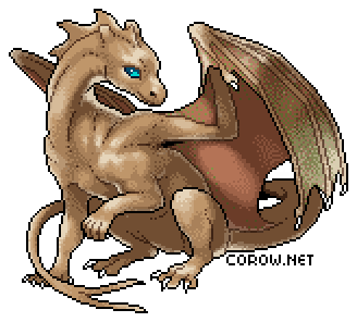 A larger image of a small brown dragon resting on its haunches, with wings half-unfurled. It has a calm expression.