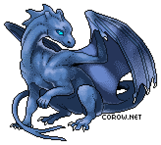 A larger image of a small blue dragon resting on its haunches, with wings half-unfurled. It has a calm expression.