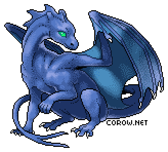 A larger image of a small blue dragon resting on its haunches, with wings half-unfurled. It has a calm expression.