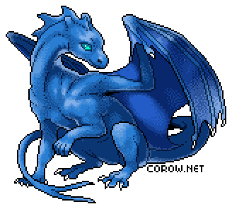 A larger image of a small blue dragon resting on its haunches, with wings half-unfurled. It has a calm expression.