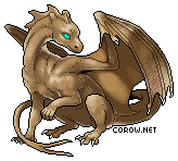 A small brown dragon resting on its haunches, with wings half-unfurled. It has a calm expression.