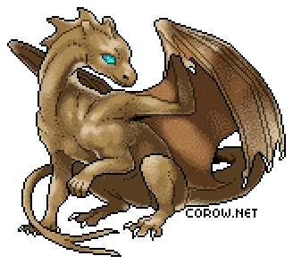 A larger image of a small brown dragon resting on its haunches, with wings half-unfurled. It has a calm expression.