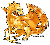 A small gold dragon resting on its haunches, with wings half-unfurled. It has a calm expression.