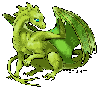 A larger image of a small green dragon resting on its haunches, with wings half-unfurled. It has a calm expression.