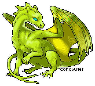A larger image of a small green dragon resting on its haunches, with wings half-unfurled. It has a calm expression.