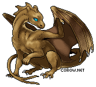 A larger image of a small brown dragon resting on its haunches, with wings half-unfurled. It has a calm expression.