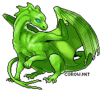 A larger image of a small green dragon resting on its haunches, with wings half-unfurled. It has a calm expression.