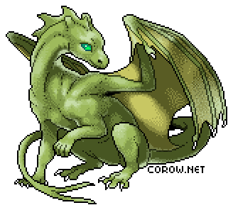 A larger image of a small green dragon resting on its haunches, with wings half-unfurled. It has a calm expression.