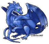 A small blue dragon resting on its haunches, with wings half-unfurled. It has a calm expression.
