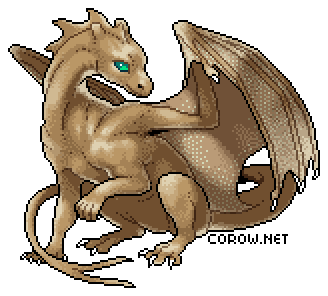 A larger image of a small brown dragon resting on its haunches, with wings half-unfurled. It has a calm expression.