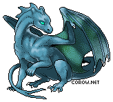 A small blue dragon resting on its haunches, with wings half-unfurled. It has a calm expression.