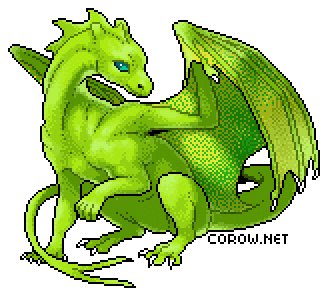 A larger image of a small green dragon resting on its haunches, with wings half-unfurled. It has a calm expression.