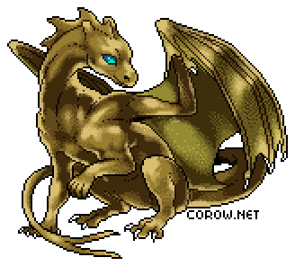 A larger image of a small bronze dragon resting on its haunches, with wings half-unfurled. It has a calm expression.