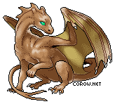 A small brown dragon resting on its haunches, with wings half-unfurled. It has a calm expression.