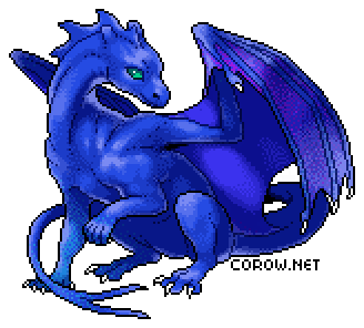 A larger image of a small blue dragon resting on its haunches, with wings half-unfurled. It has a calm expression.