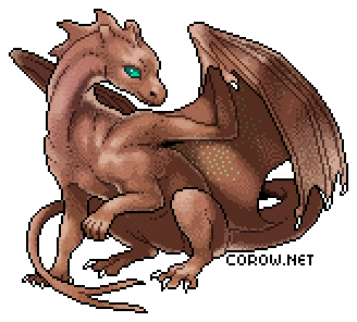 A larger image of a small brown dragon resting on its haunches, with wings half-unfurled. It has a calm expression.