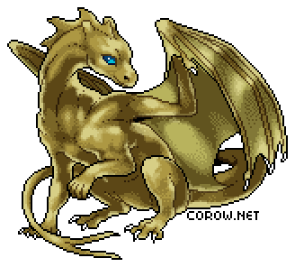 A larger image of a small bronze dragon resting on its haunches, with wings half-unfurled. It has a calm expression.