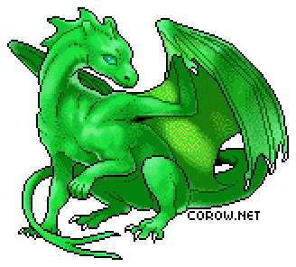 A larger image of a small green dragon resting on its haunches, with wings half-unfurled. It has a calm expression.