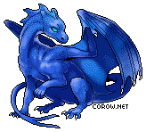 A small blue dragon resting on its haunches, with wings half-unfurled. It has a calm expression.