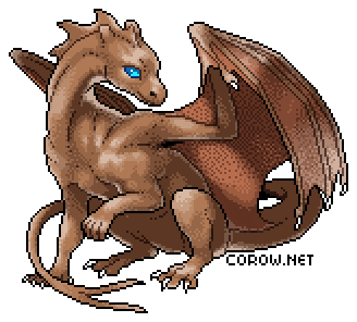 A larger image of a small brown dragon resting on its haunches, with wings half-unfurled. It has a calm expression.