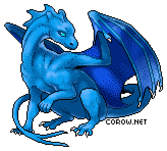 A larger image of a small blue dragon resting on its haunches, with wings half-unfurled. It has a calm expression.