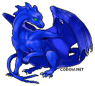 A larger image of a small blue dragon resting on its haunches, with wings half-unfurled. It has a calm expression.