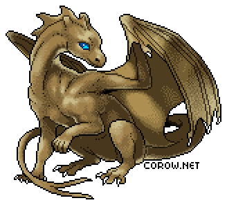 A larger image of a small brown dragon resting on its haunches, with wings half-unfurled. It has a calm expression.