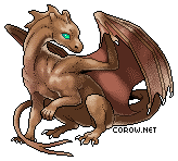 A small brown dragon resting on its haunches, with wings half-unfurled. It has a calm expression.