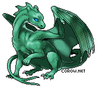 A larger image of a small green dragon resting on its haunches, with wings half-unfurled. It has a calm expression.
