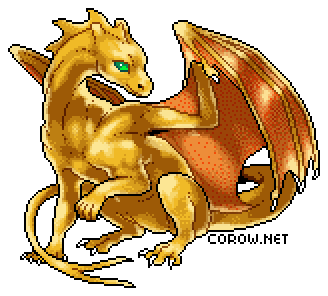 A larger image of a small gold dragon resting on its haunches, with wings half-unfurled. It has a calm expression.