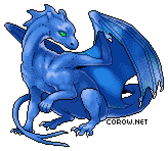 A larger image of a small blue dragon resting on its haunches, with wings half-unfurled. It has a calm expression.